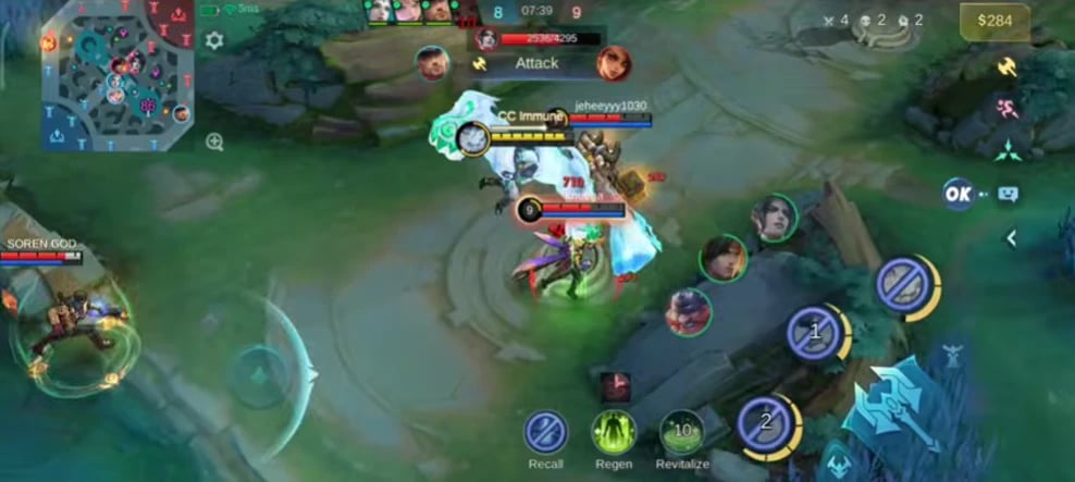 Sora activates ultimate Ascension form in Mobile Legends: Bang Bang, gaining CC Immune status during a teamfight.