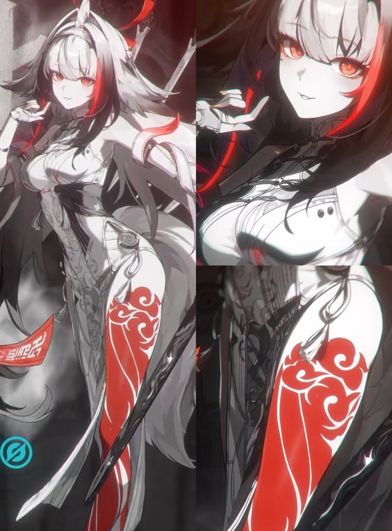 Ye Shunguang artwork from Zenless Zone Zero with red leg tattoo and monochrome accents.