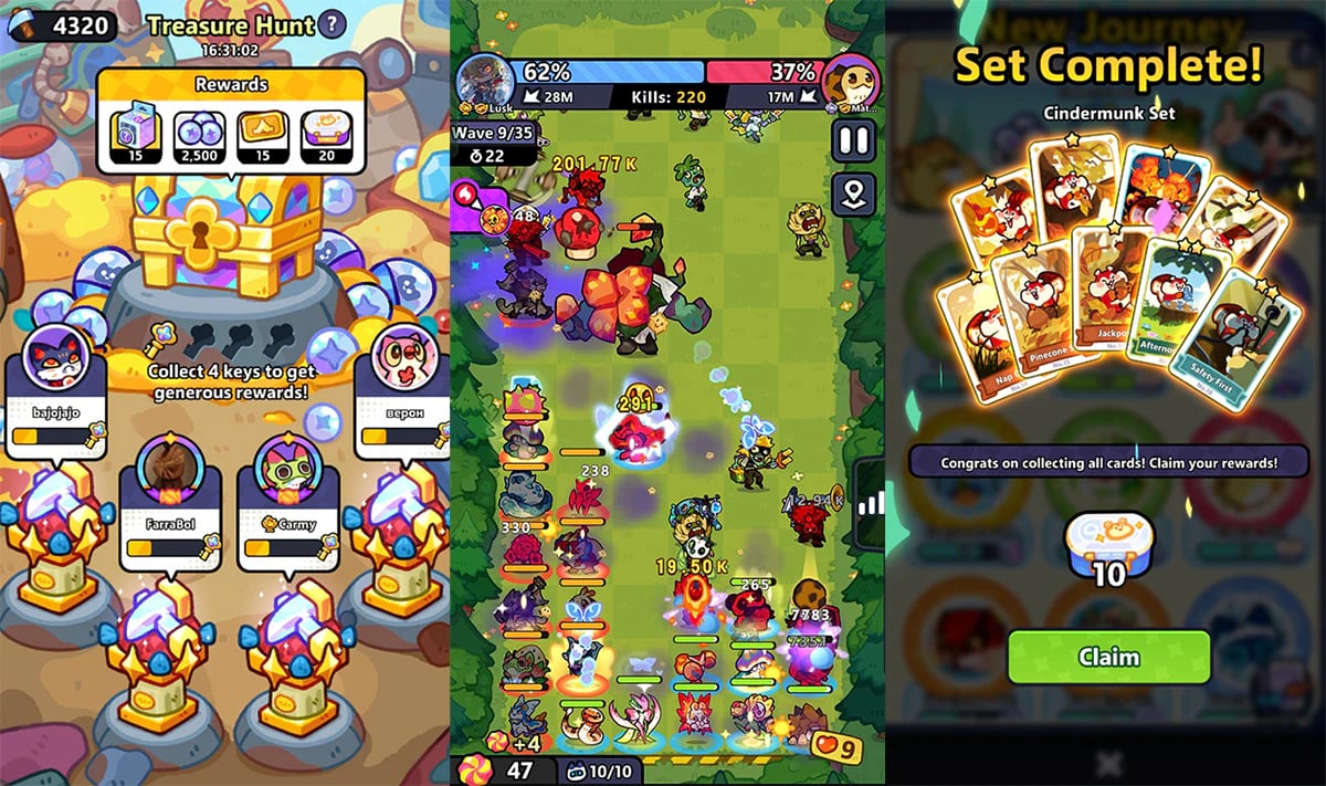 Clash of Critters gameplay showing Treasure Hunt rewards, battle stages, and card set completion