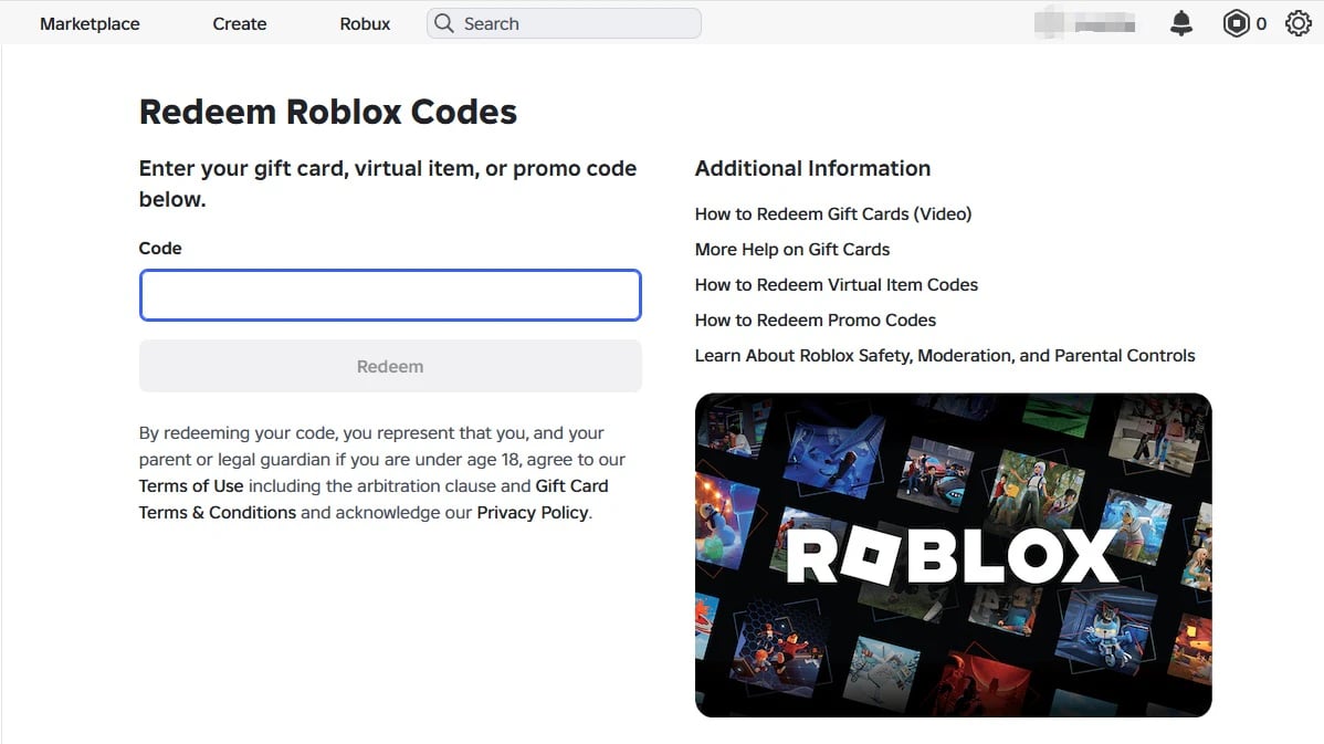 Roblox code redemption page