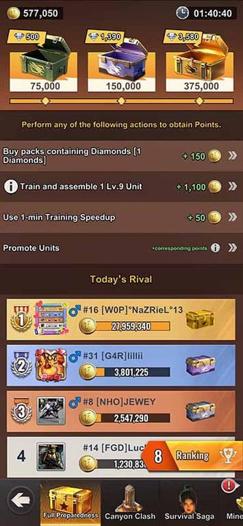 Last Z Survival Shooter event screen with rewards and ranking leaderboard.