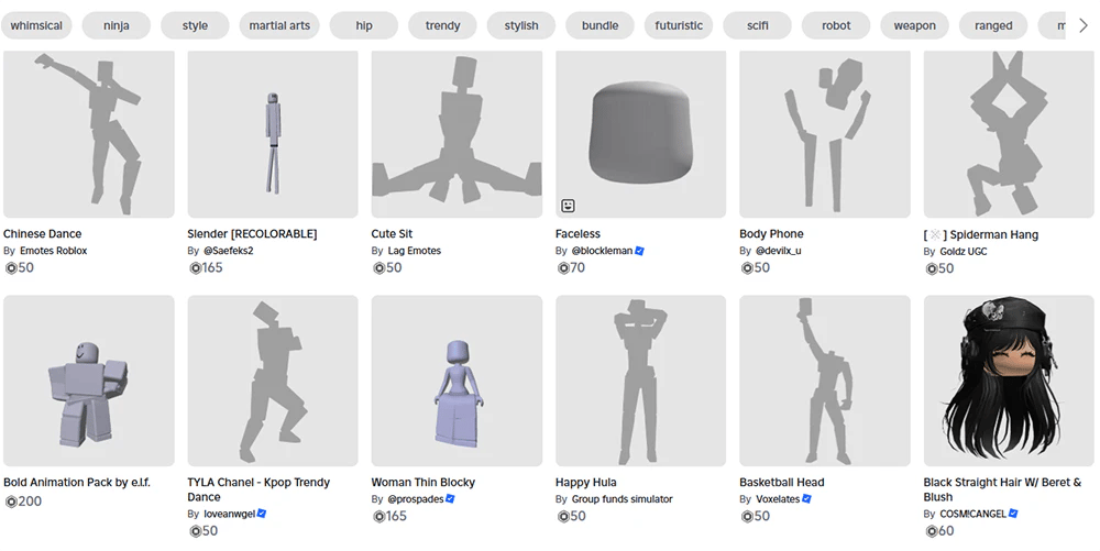 Roblox avatar shop with various cosmetic items available for purchase using Robux.