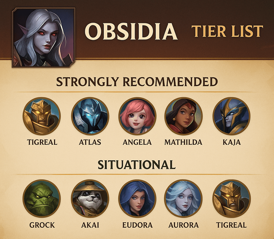 Obsidia synergy chart with recommended heroes