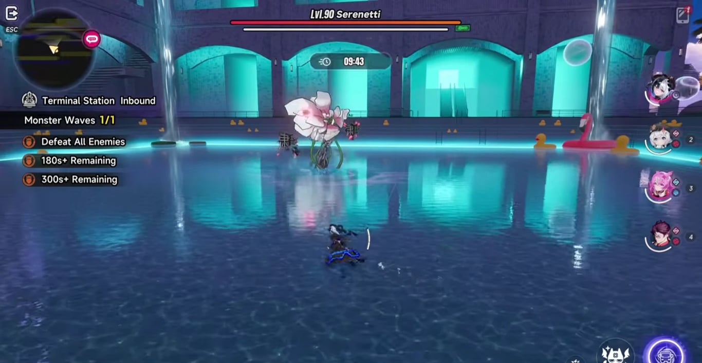 NTE gameplay screenshot featuring Lacrimosa facing the level 90 boss Serenetti in the Terminal Station Inbound stage.