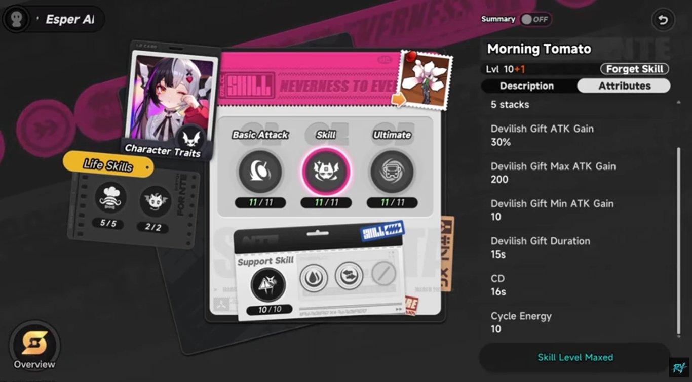 Neverness to Everness Lacrimosa skill attributes menu showing the detailed stats for her combat skill Morning Tomato at max level.