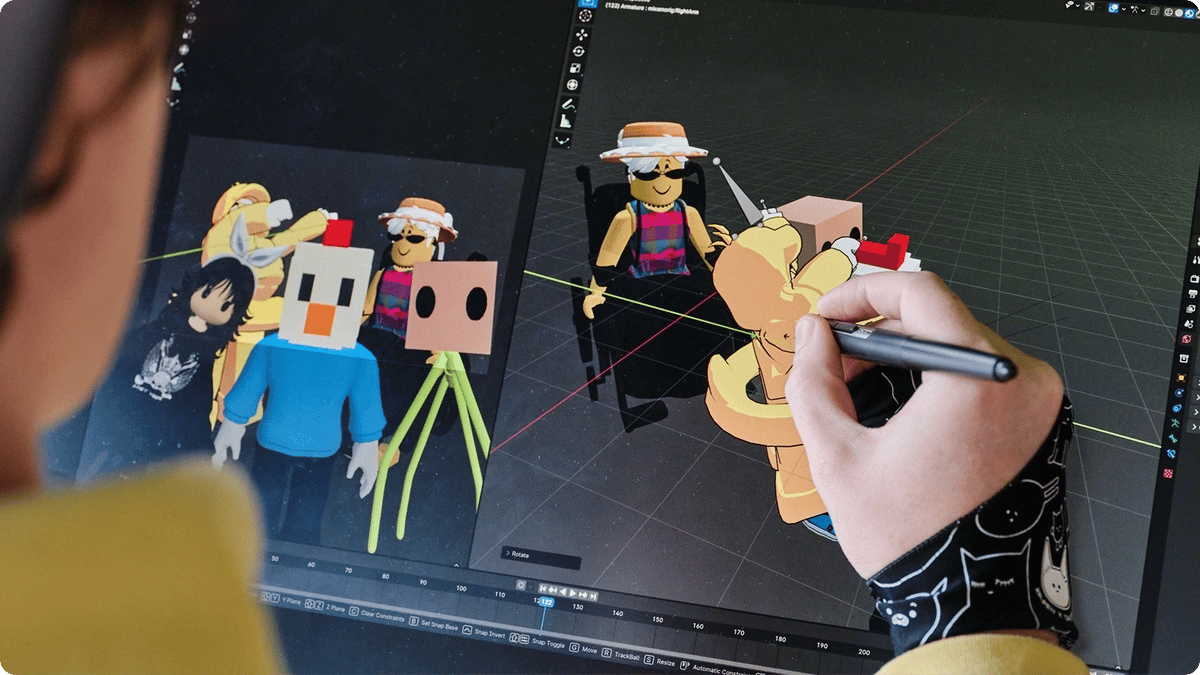 Roblox creator designing 3D characters and game assets inside a Roblox development environment
