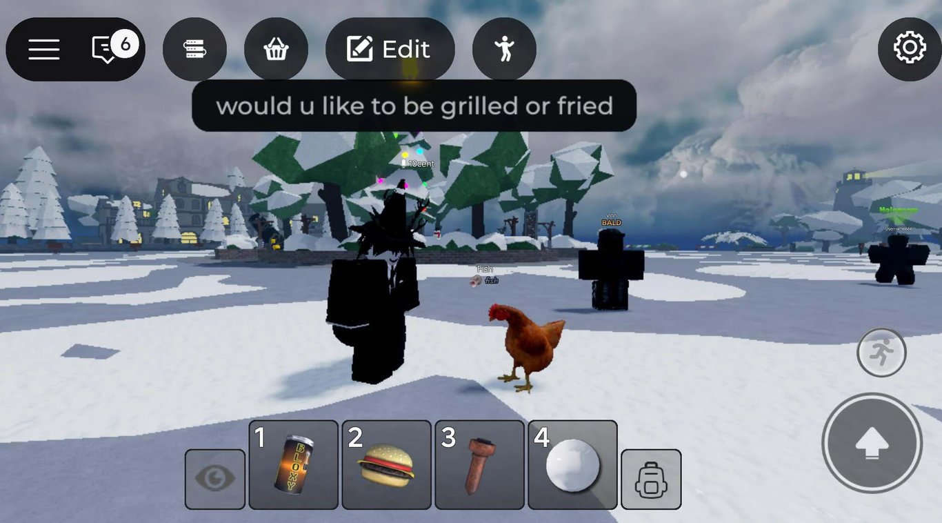 Roblox players interacting in-game on a snowy map, showing avatar items and chat