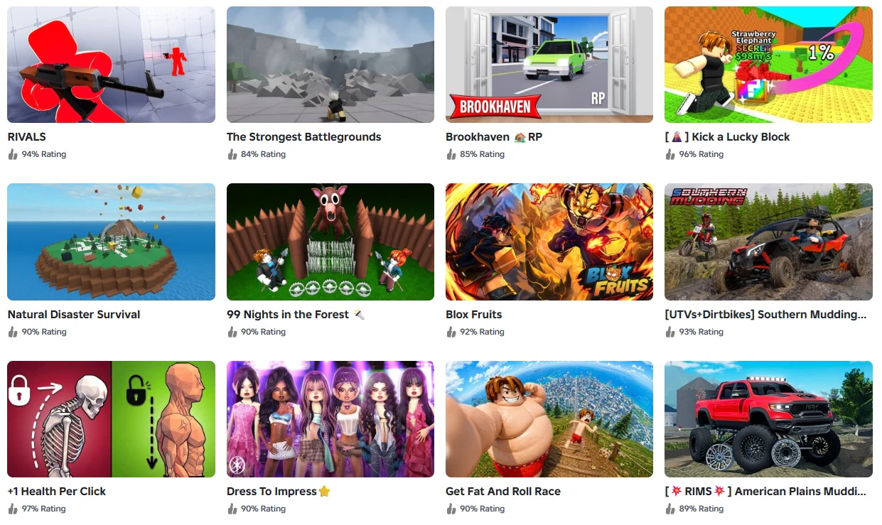 Roblox 熱門遊戲列表介面
