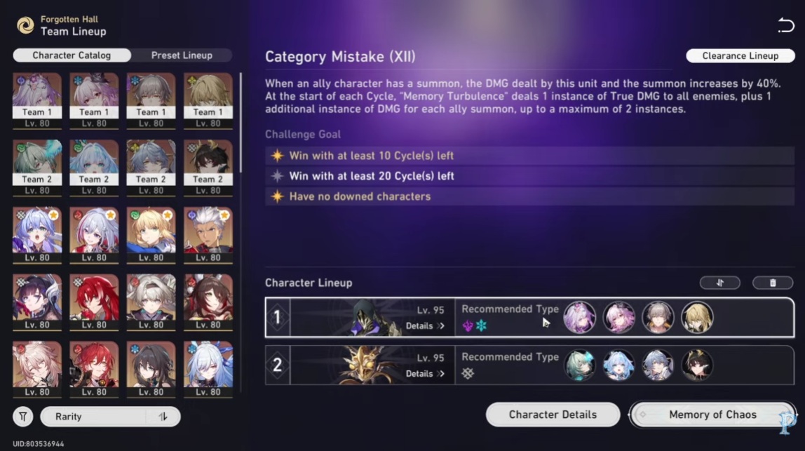 Memory of Chaos lineup results and team synergy overview