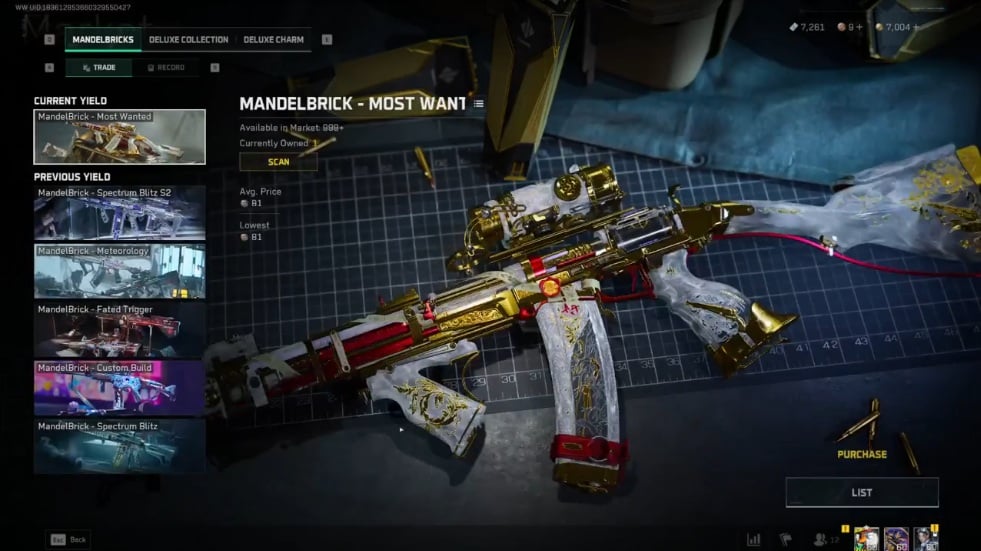 Delta Force weapon screen showing a detailed gold-and-white assault rifle skin.