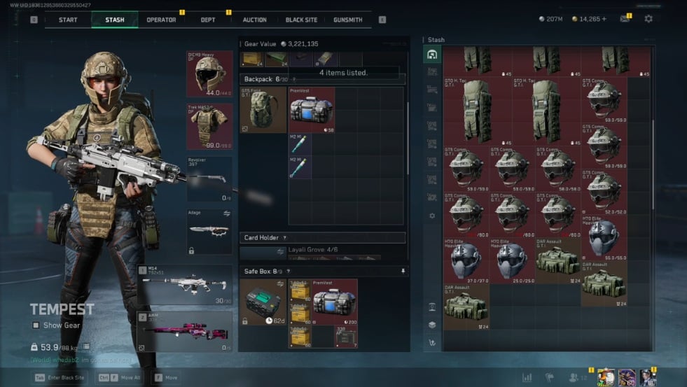 Delta Force inventory screen showing a soldier loadout with weapons, armor, and gear items.