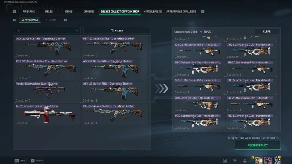 Delta Force appearance workshop screen displaying multiple weapon skins and upgrade options.