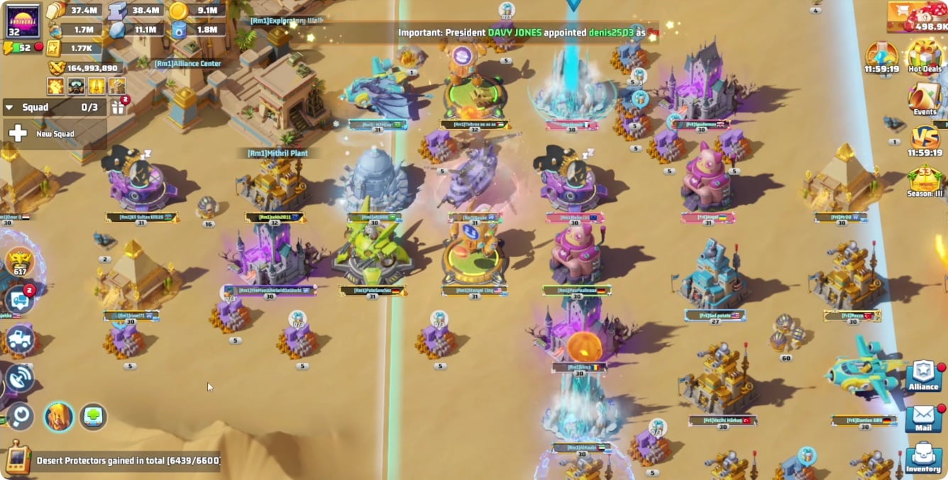 Last War desert base with high-level buildings and alliance territory.