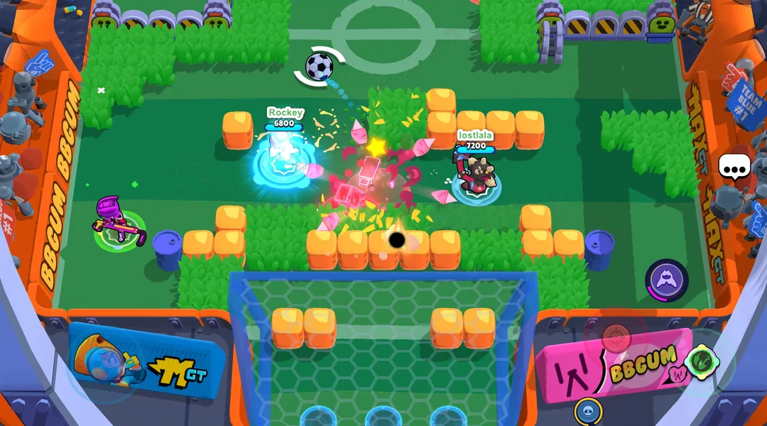 Brawl Stars Brawl Ball early-game positioning near midfield walls.