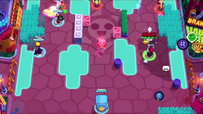 Brawl Stars gameplay showing early map control and positioning.