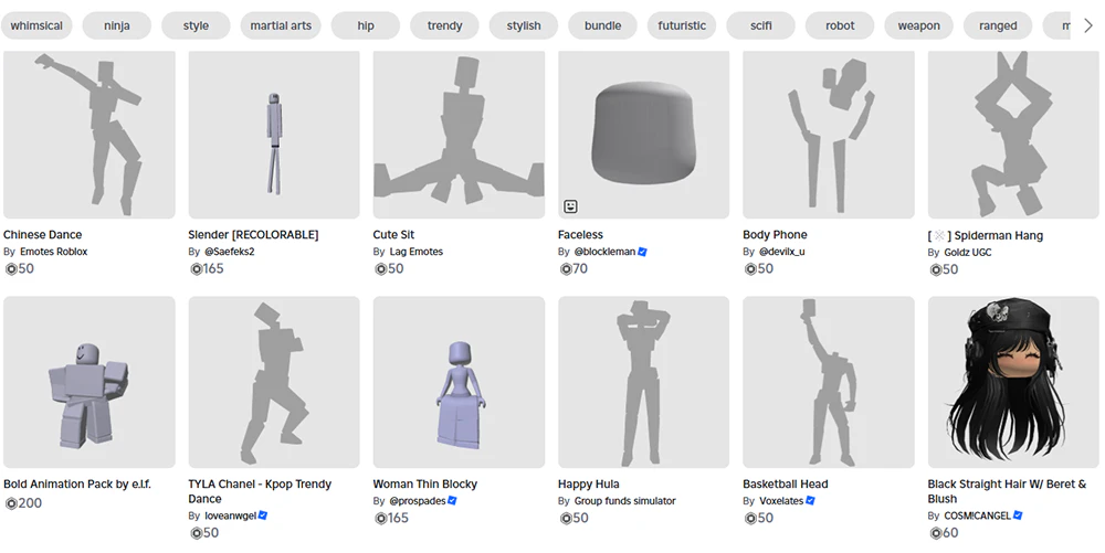 Roblox avatar shop with various cosmetic items available for purchase using Robux.
