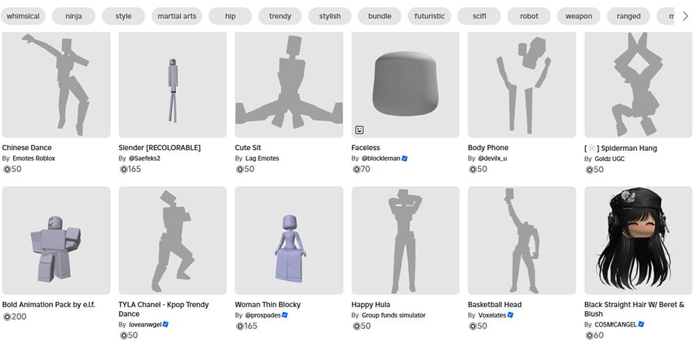 Roblox avatar shop with various cosmetic items available for purchase using Robux