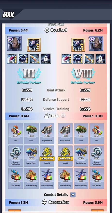Last War battle power comparison between two squads