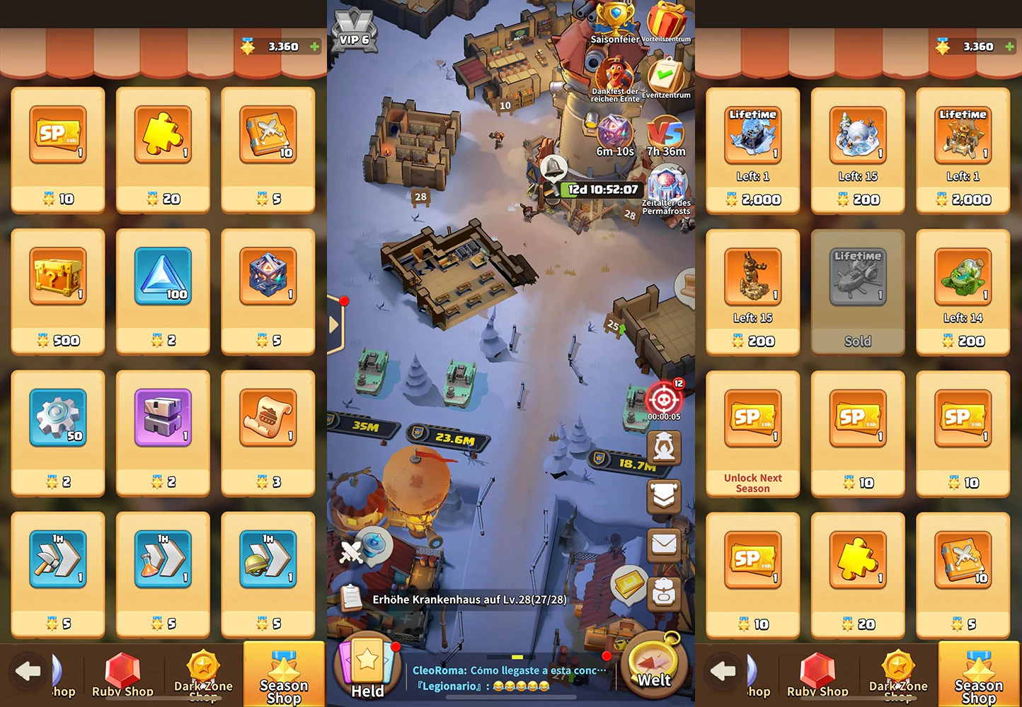 Dark War base view with Season Shop and Dark Zone interface