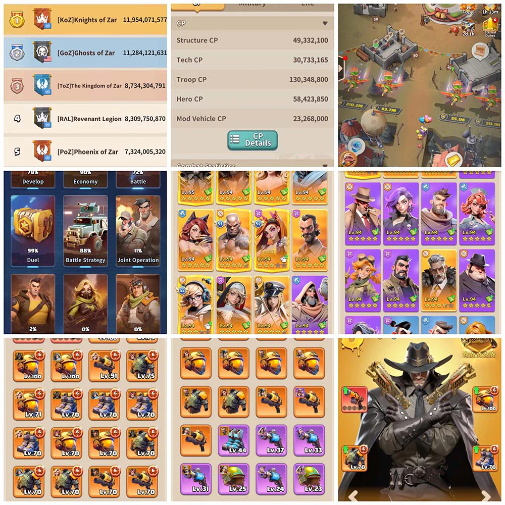 Dark War hero lineup, power stats, and equipment progression screens