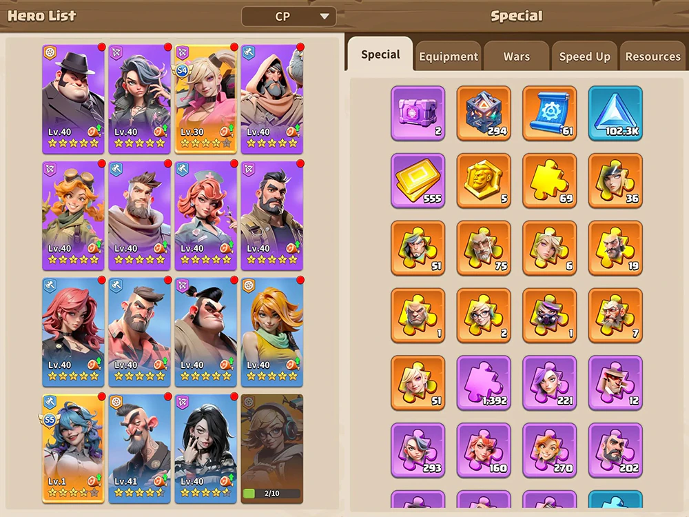 Dark War hero list with hero levels, star ratings, and upgrade materials.