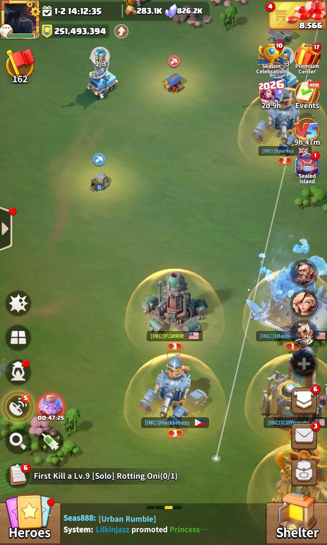 Dark War world map showing alliance bases, shielded cities, and active events.